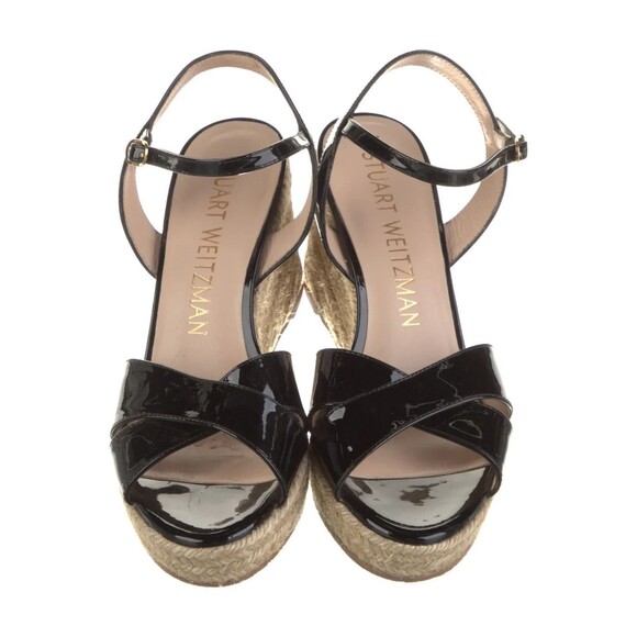 Stuart Weitzman BLKPatent Leather Espadrilles Crossover Braided Jute Trim Sz 8.5 - Picture 3 of 11